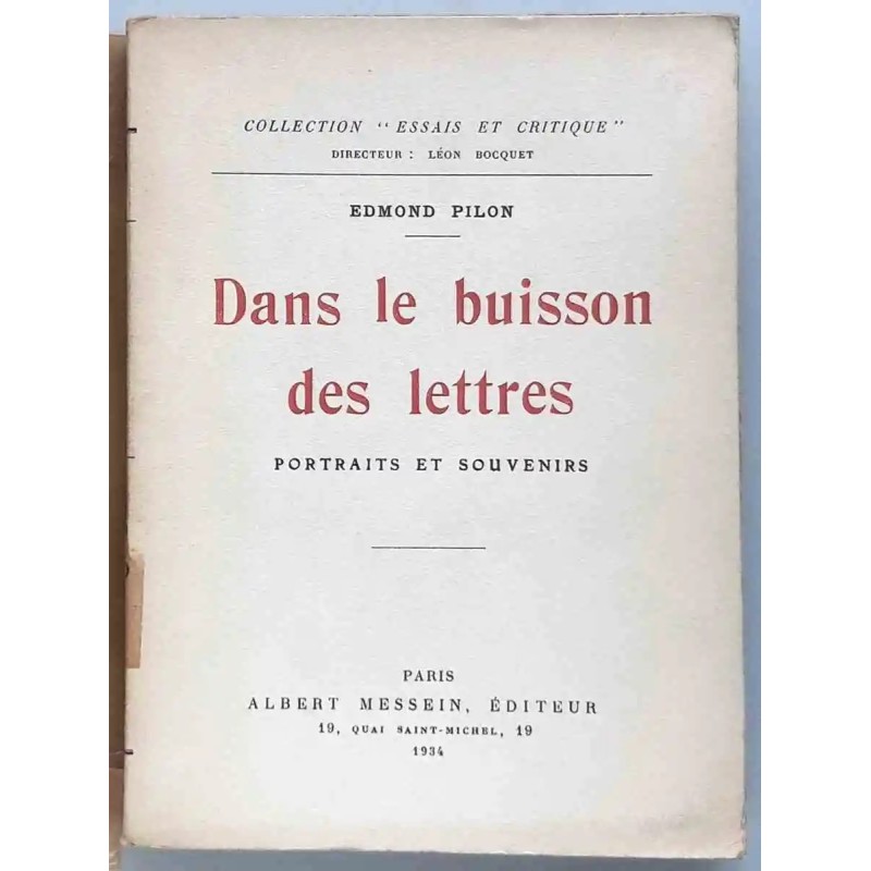 Couverture du livre "Dans le buisson des lettres", essai littéraire rare publié en 1934 par Edmond Pilon.
