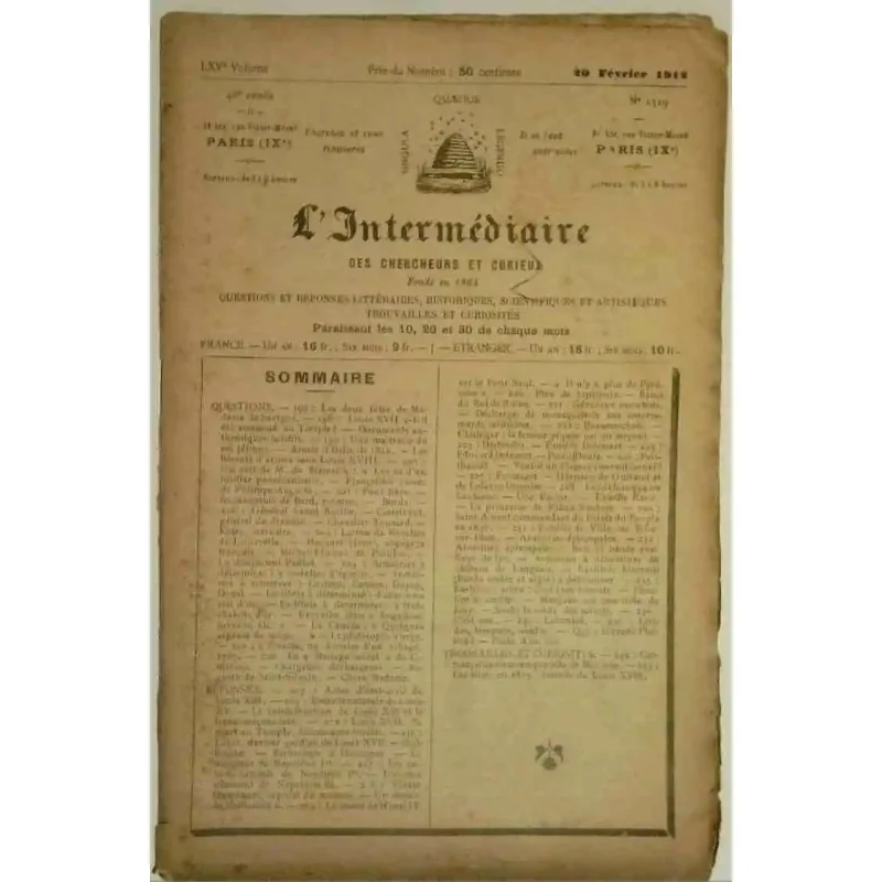 L’Intermédiaire des chercheurs et curieux, numéro 1319