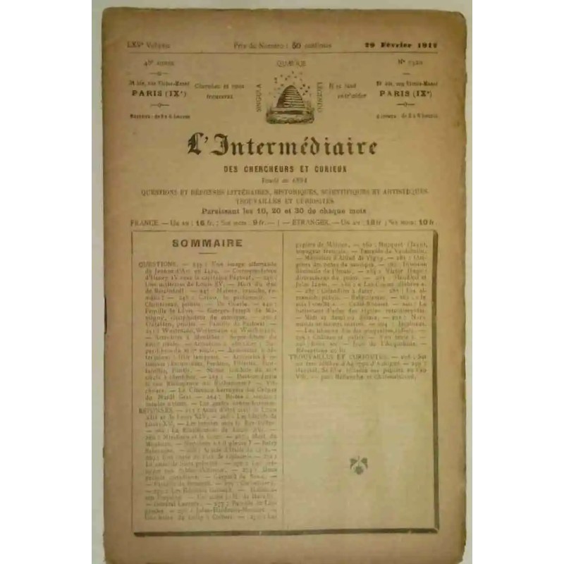L’Intermédiaire des chercheurs et curieux, numéro 1320. 29 février 1912 L’Intermédiaire des chercheurs et curieux, numéro 1320. 29 février 1912