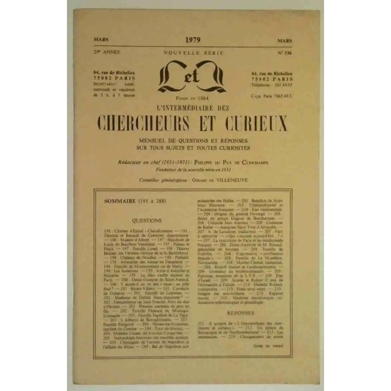 L’Intermédiaire des chercheurs et curieux, numéro 336 Mars 1979 L’Intermédiaire des chercheurs et curieux, numéro 336 Mars 1979