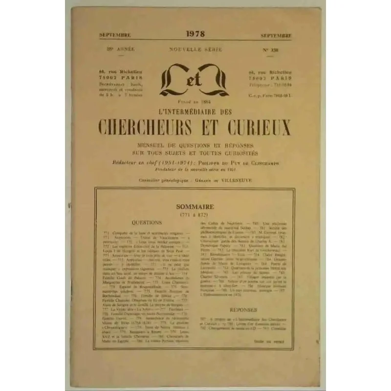 L’Intermédiaire des chercheurs et curieux, numéro 330 Septembre 1978