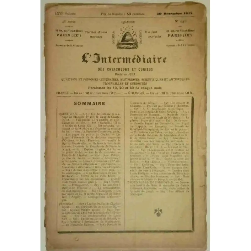 L’Intermédiaire des chercheurs et curieux, numéro 1350  30 décembre 1912