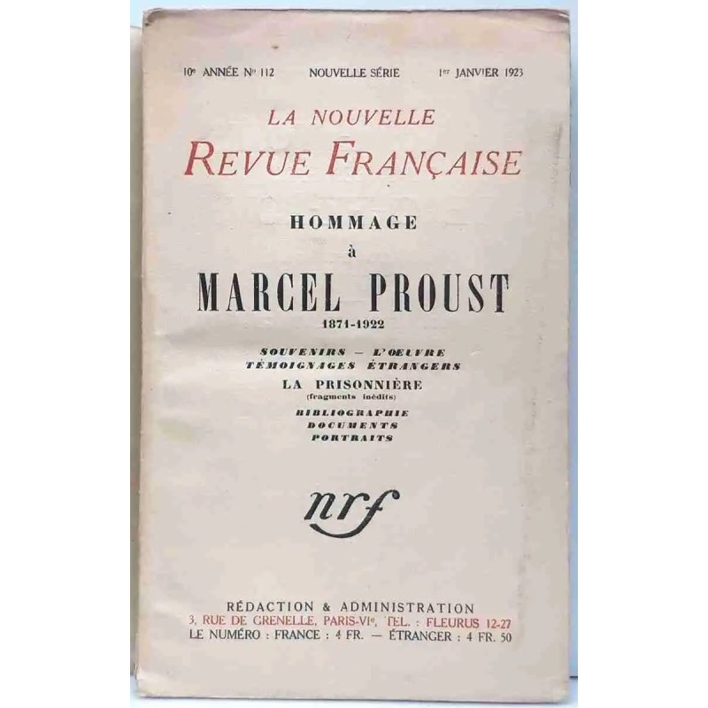 Hommage à Marcel Proust 1871-1922, La Nouvelle Revue Française, N.R.F.   1923