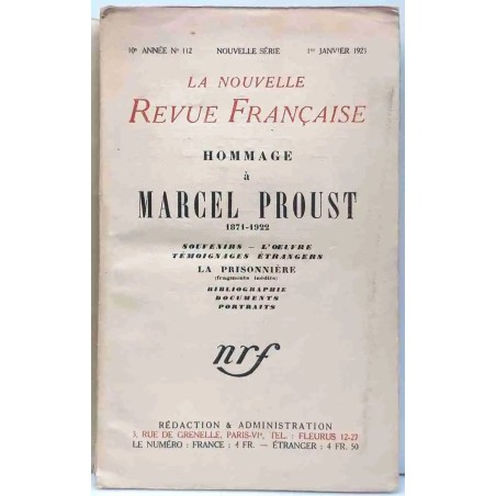 Hommage à Marcel Proust 1871-1922, La Nouvelle Revue Française, N.R.F.   1923