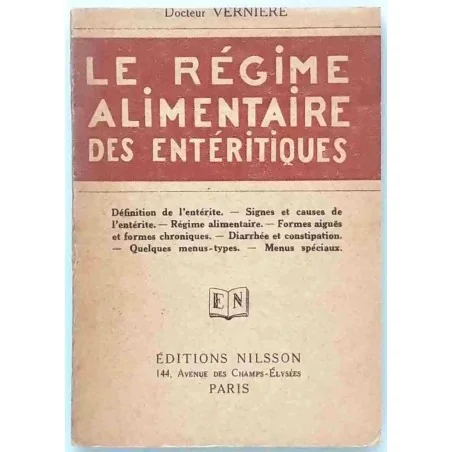 Couverture illustrée du livre "Le Régime alimentaire des entéritiques" par le Dr Vernière, éditions Nilsson, vers 1929.