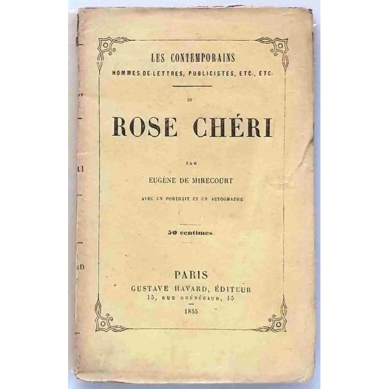 Couverture illustrée du livre Rose Chéri (1855), biographie rare de l’actrice, édition Gustave Havard, broché non coupé.
