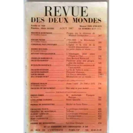 Revue des deux Mondes (Août 1987, N°8), Au bureau de la Revue des Deux Mondes. 1987